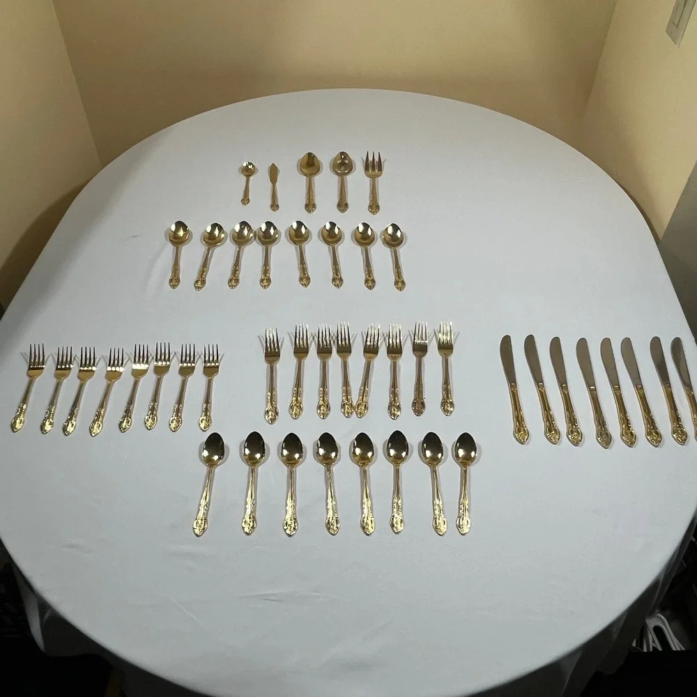 H.S. LTD Flatware Set Unisex 45pc Gold Ornate Floral Scroll Stainless Steel